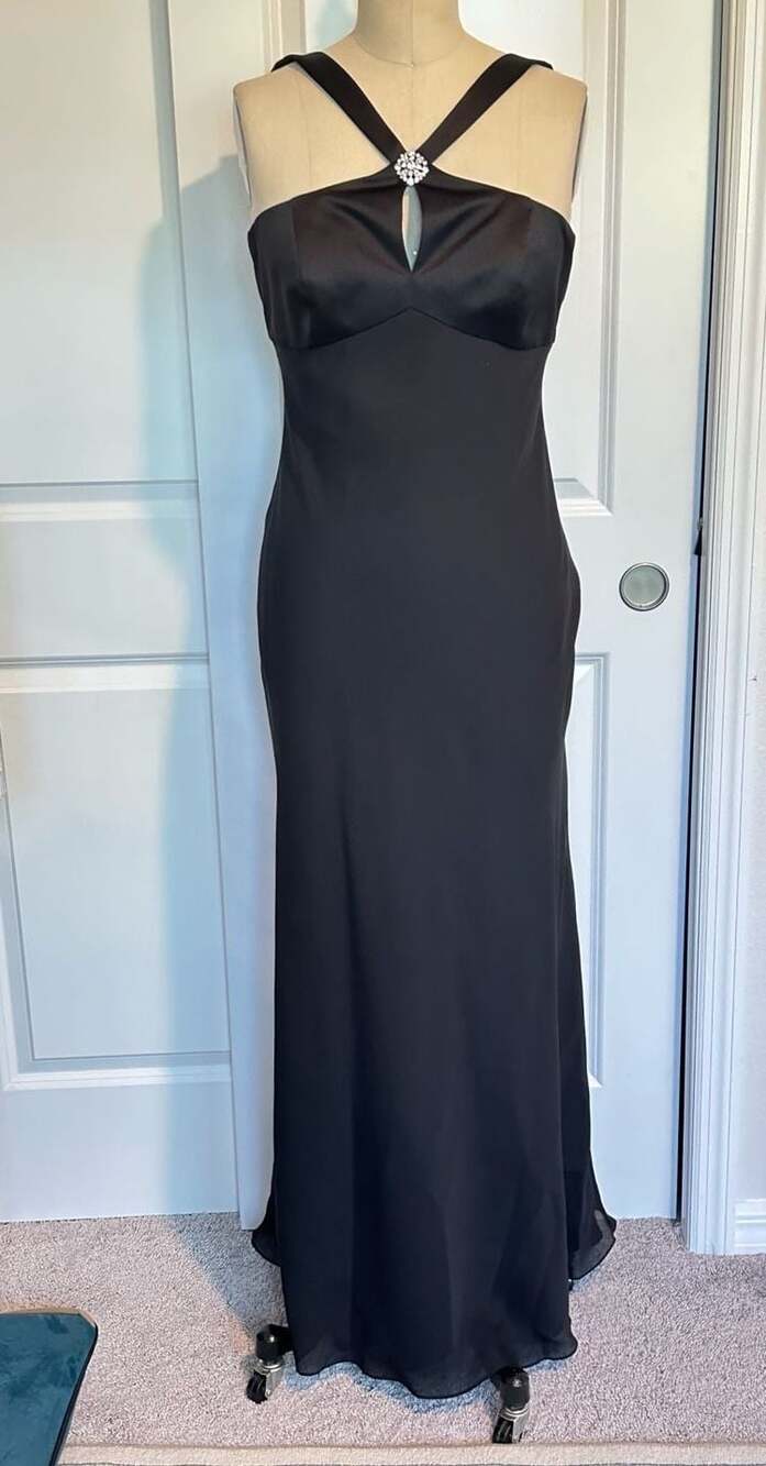 David’s Bridal black silky train maxi dress...